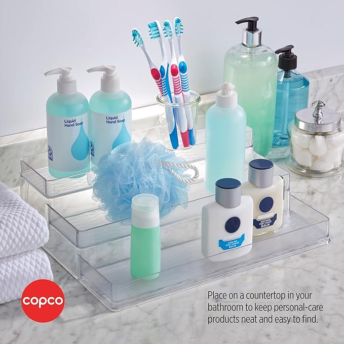 Copco 3 Tier Clear Stadium Organizer with Deep Shelves Versatile Storage for Spices Pantry and Supplies Durable Plastic 3.75 Inch Shelves