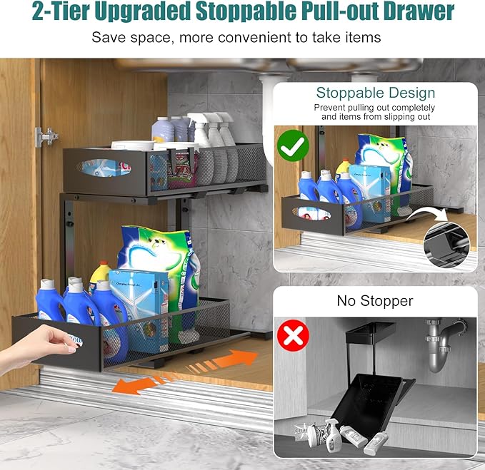2 Pack Under Sink Organizer, 2 Tier Metal Pull Out Under Sink Storage with Sliding Mesh Drawers, Height Adjustable Slide Out Under Sink Organizer for Kitchen Bathroom Cabinet, Black