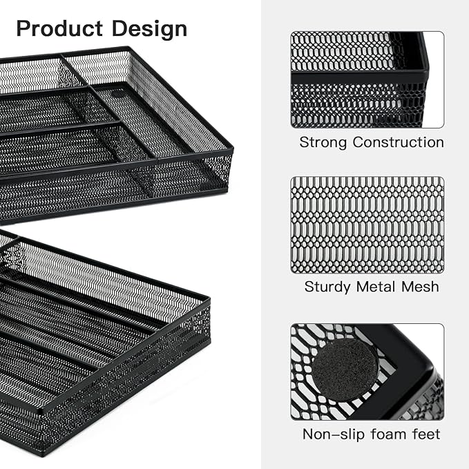 Drawer Organizer Set 5 Pack - 4-Compartment Silverware Organizer Tray + 4 Utensil Trays, Kitchen Drawer Organizer for Flatware, Cutlery, Office Supplies, Black Mesh, Non-Slip.