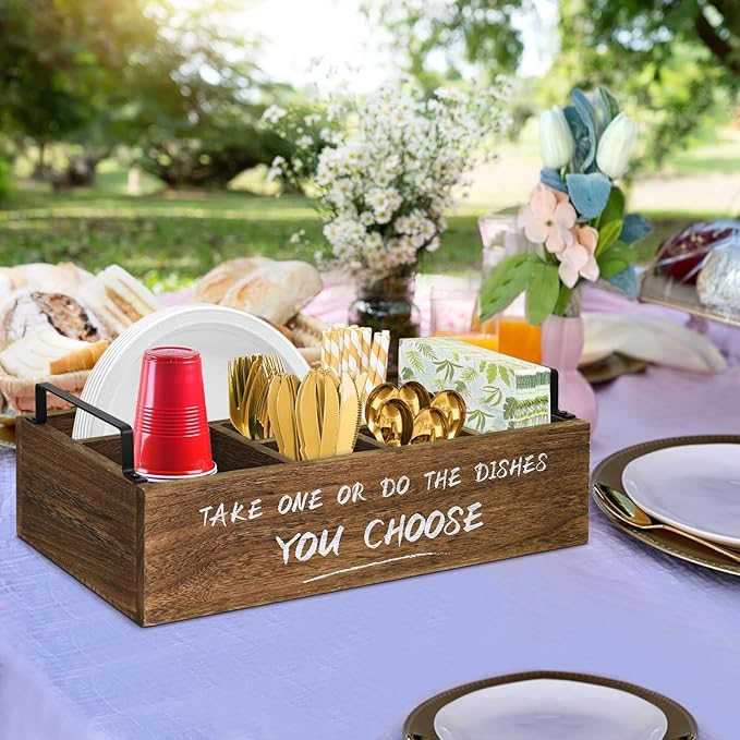 Ameuphercy Paper Plate Holders Utensil Caddy for Kitchen Counter,Wood Paper Plate Organizer Utensil Holder Organizer for Kitchen Accessories,Silverware Caddy Disposable Dish Holder for Party