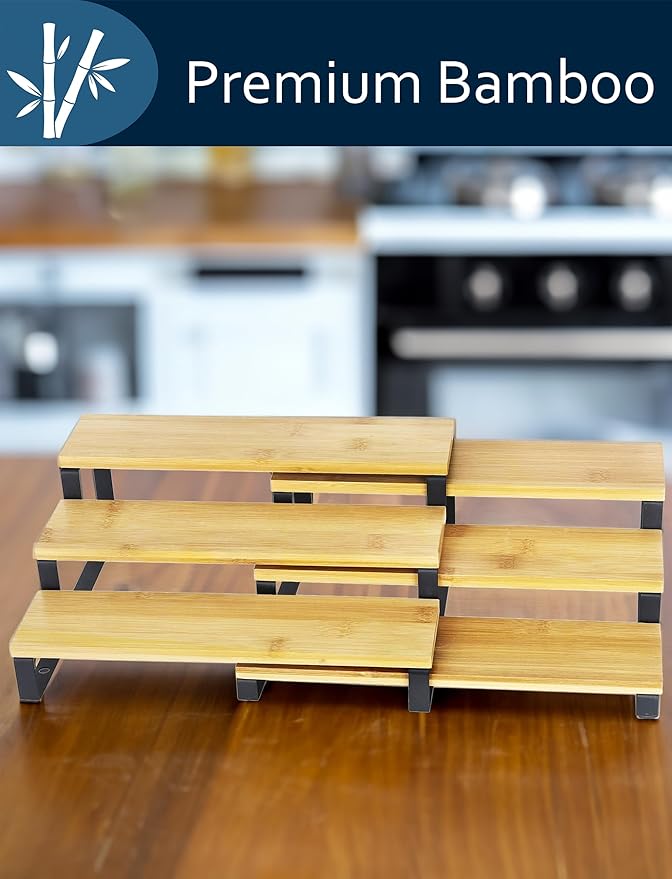 RoyalHouse Bamboo and Metal Expandable Spice Rack Organizer, Cabinet Shelf Organizers, 3-Tier Adjustable Kitchen Cabinet, Countertop Display Shelf, Space Organizer for Kitchen and Bathroom