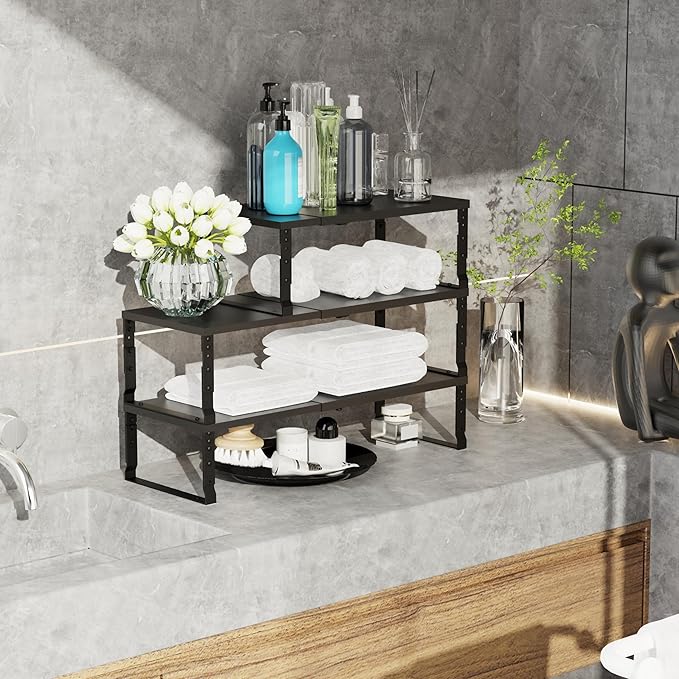Expandable Stackable Spice Rack Organizer for Kitchen Cabinet,Adjustable Counter Shelf, countertop, Pantry,Cupboard,Bathroom,Bedroom(1Pack/Black/Medium)
