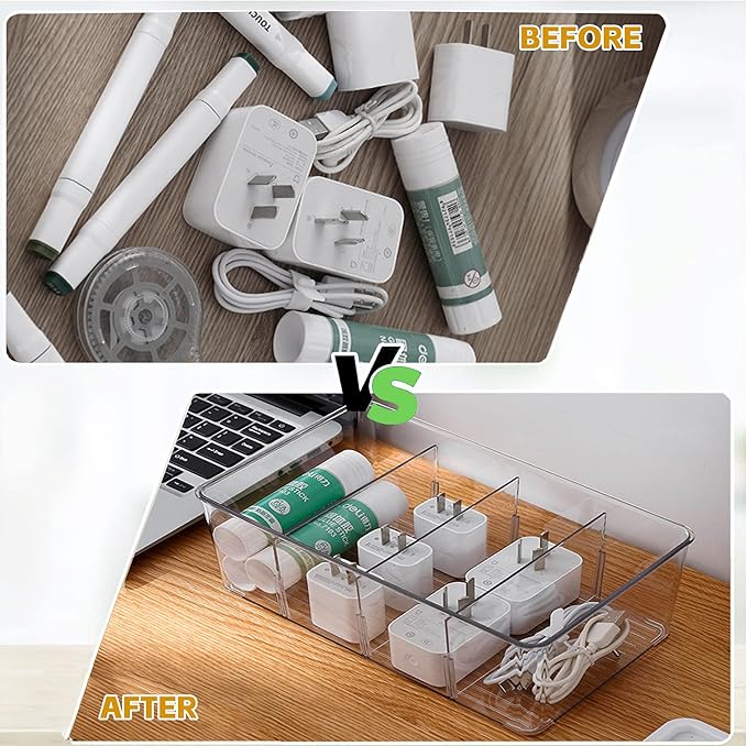 5 Pack Pantry Organizer with Removable Dividers, Snack Organizer for Pantry, Chip,Clear Acrylic Food Storage Bins for Kitchen, Fridge, Cabinet,Packets, Pouches