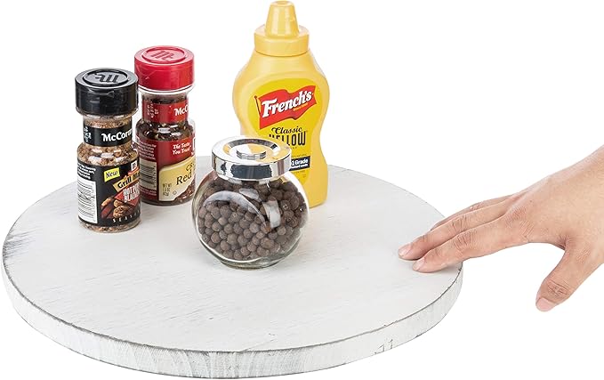 MyGift 12.8 Inch Round Vintage White Wood Lazy Susan Spinning Turntable Tray, Rotating Wooden Countertop Spice Rack, Kitchen Cabinet Organizer Home Decor