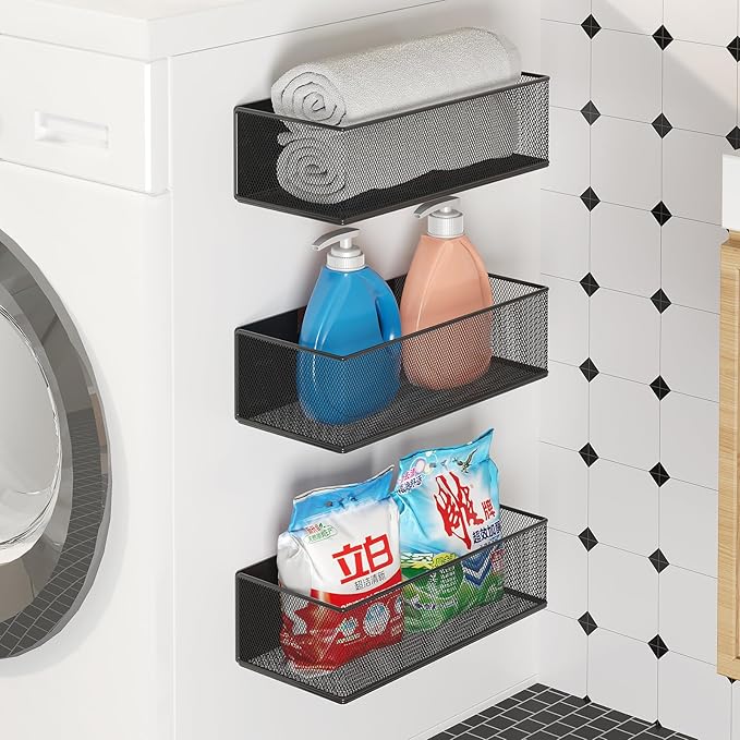 Magnetic Shelf for Washing Machine, Washer Dryer Shelf, Magnetic Lint Bin for Laundry Room, Spice Rack, Magnetic Basket Organizer for Laundry Kitchen, 1 Pack (Black, 10.63''L*4.72''W*3.03''H)
