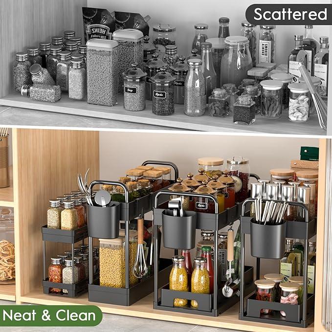 4 Pack Under Sink Organizer and Storage - Stackable 3 Size 2 Tier Bathroom Under the Sink Organizers Multi-Usage Kitchen Cabinet Organizers and Storage Sink Bath Shelf Baskets