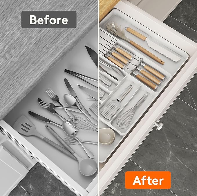 Lifewit Silverware Organizer for Kitchen Drawers, Expandable Utensil Tray with Removable Knife Block, Adjustable Cutlery and Flatware Holder, Plastic Spoon Forks Holder Storage Divider, Large, White