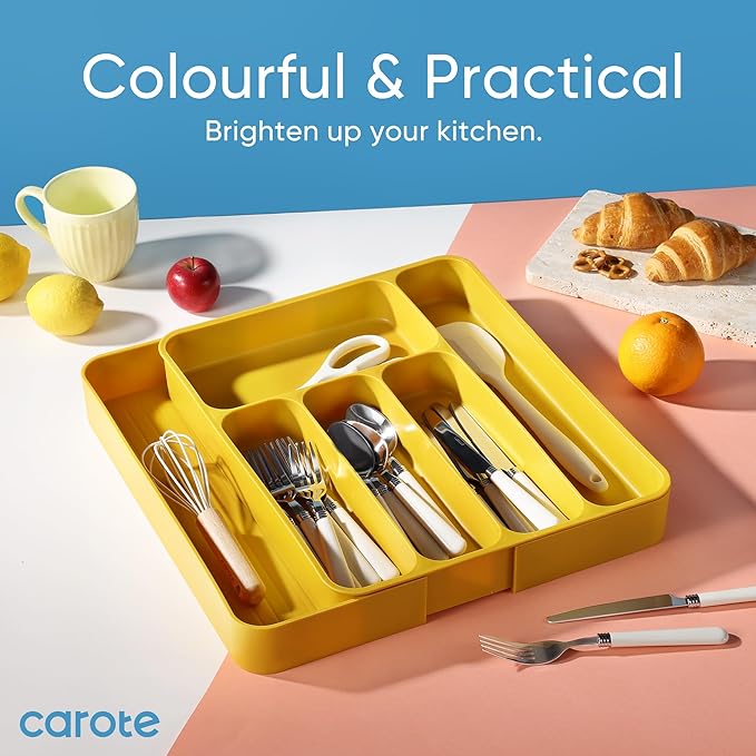 CAROTE Silverware Organizer for Spoons Forks Knives, Expandable Kitchen Drawer Organizer, BPA Free Adjustable Flatware and Cutlery Drawer Organizer, Large, Yellow