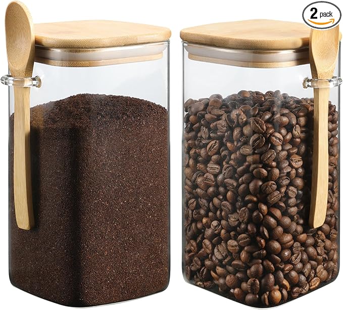 Glass Square Storage Jar with Bamboo Lids Spoons Glass Coffee Canister 40 Oz (1200 mL) Borosilicate Glass Food Container for Coffee Beans Nut Pasta Sugar Candy Spice Rice Loose Tea (1200ml/40 OZ-2