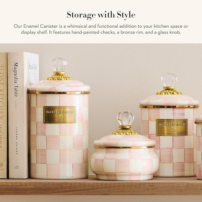MACKENZIE-CHILDS Large Enamel Canister, Kitchen Storage Container for Flour and Sugar, 1.89 Liters, Pink-and-White Rosy Check