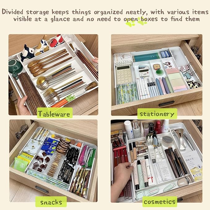 Utensil Organizer Silverware Drawer Organizer for Utensil Holder expandable in four directions W10.63∼20.08×D10.63∼20.08×H2 for Utensil Holder Makeup Desk Drawer Tool Organization (white)