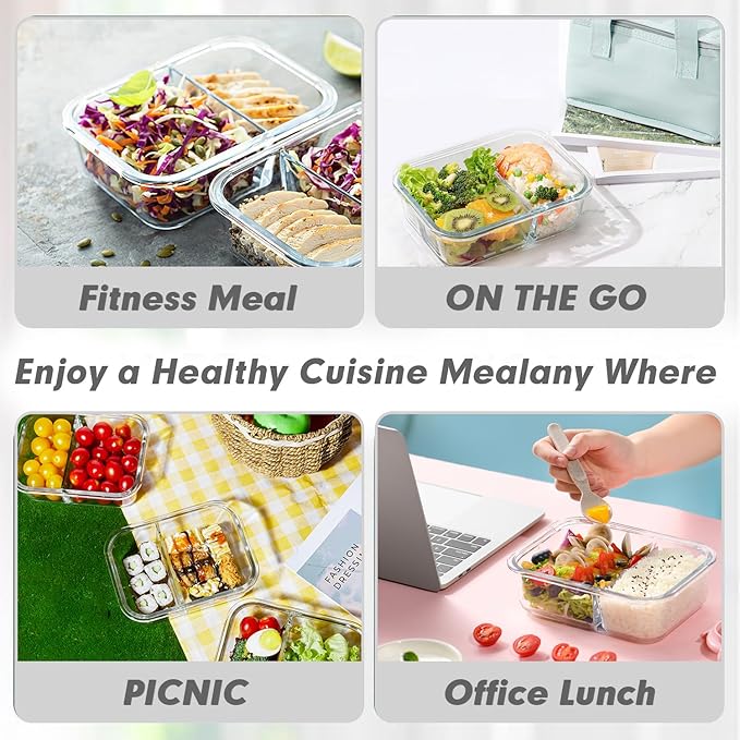 VERONES 10 Pack Glass Meal Prep Containers 2 Compartment Set, 30 OZ Airtight Glass Lunch Containers, Food Storage Containers with Lids, for Microwave, Oven, Freezer & Dishwasher Friendly,White