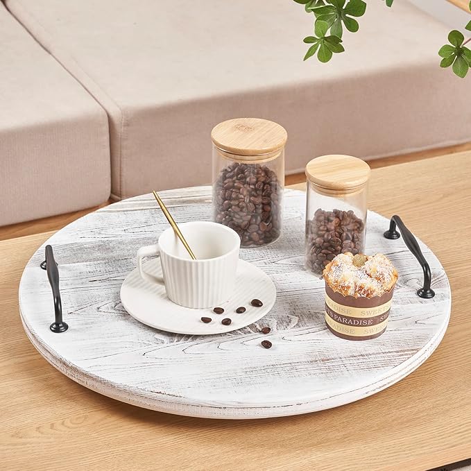 Wooden Lazy Susan for Table Turntable Organizer 18 Inch Large Lazy Susan Whitewashed Wood Serving Tray for Pantry Cabinet Countertop Round Spins Balanced Pine Spice Rack for Kitchen Essentials Storage