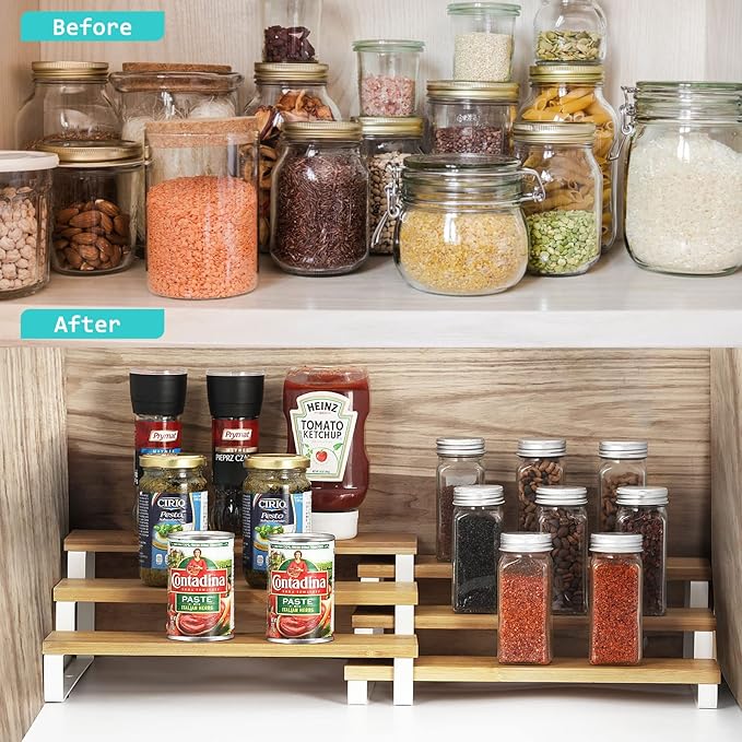 MOOACE 3 Tier Spice Rack Organizer for Cabinet, Expandable Spice Rack Seasoning Shelf Organizer for Kitchen Cabinet Countertop, Set of 4, White and Natural