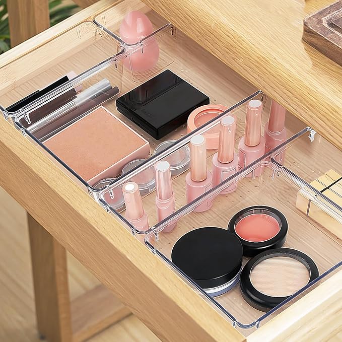 10 PCS Drawer Organizer Set,4 Varied Size Bathroom and kitchen Drawer cabinet organizer Trays, Clear Storage Bins for Makeup, Jewelry, Utensils and Gadgets