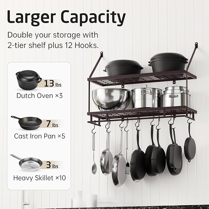 KES 30-Inch Oiled Bronze Pot Rack Wall Mounted, 2-Tier Hanging Pot and Pan Organizer with 12 Sturdy Hooks, Kitchen Wall Hanger Shelves Farmhouse Style, KUR215S75B-OB