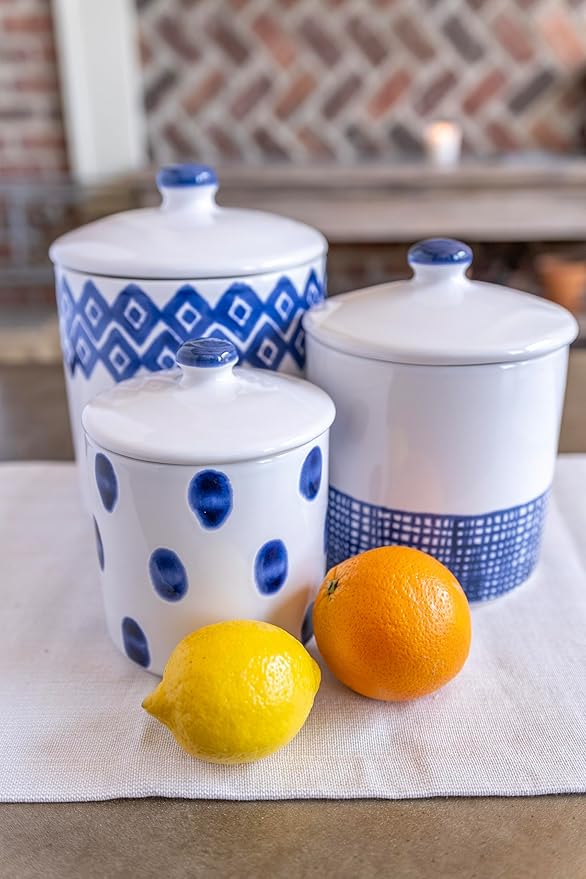 Vietri Viva Santorini White and Blue Dot Small Canister, 5" D Ceramic Earthenware White Canister, Kitchen Canister