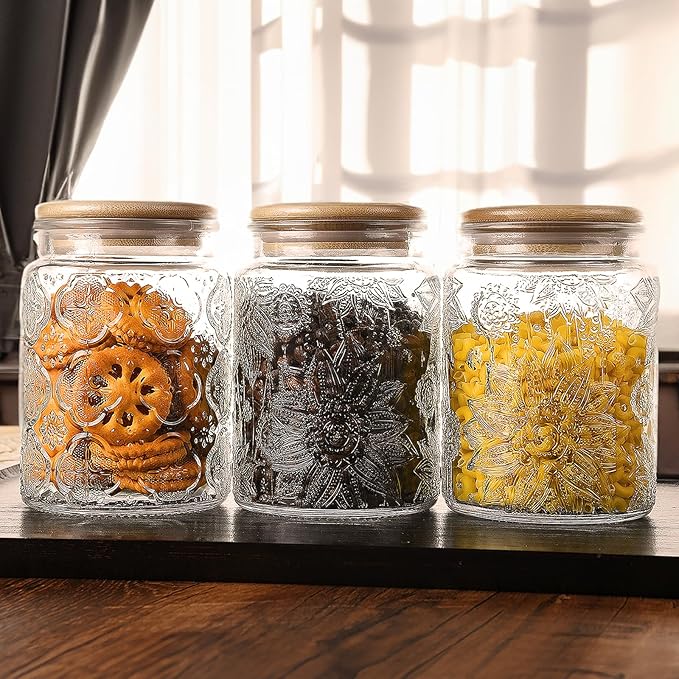 Vintage Glass Jar with Bamboo Lid, 23.7 FL oz - Airtight Decorative Food Storage Canisters for Kitchen Counter, Ideal for Candy, Sugar, Coffee, Cookies (Sunflower*2)