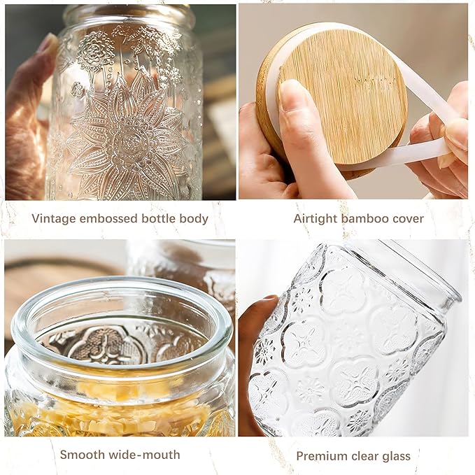 Vintage Glass Jar with Bamboo Lid, 23.7 fl oz - Airtight Decorative Food Storage Canisters for Kitchen Counter, Ideal for Candy, Sugar, Coffee, Tea,Cute Jar(Sunflower*1)