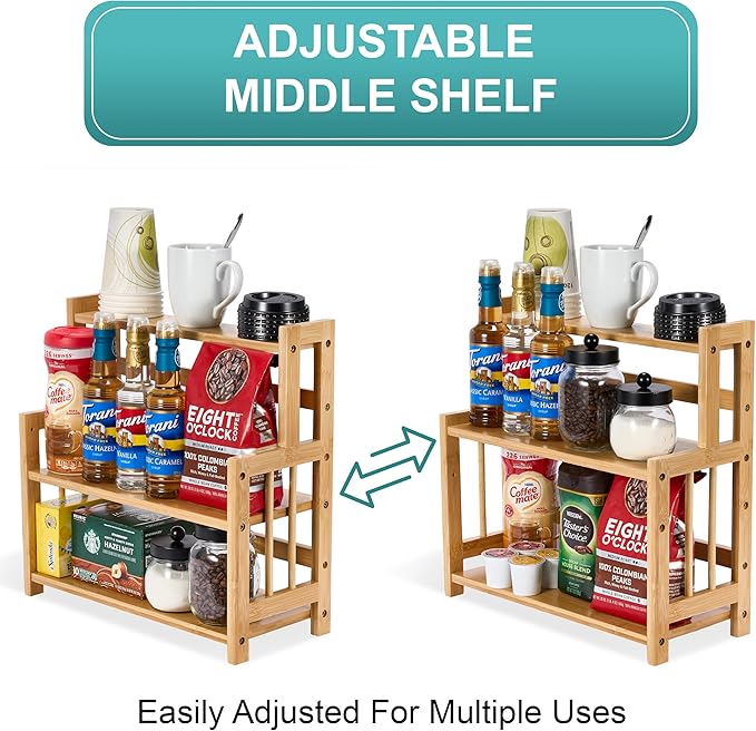 Sorbus Coffee Bar Organizer - Bamboo Wooden Storage Shelf for Kitchen Countertop - Coffee Station Accessories Rack for Mugs, Cream, Syrup, Cups, Spices, Kitchen Condiments (3-Tier)