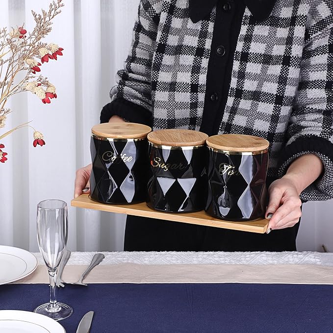 JUXYES Ceramic Canisters Set for Sugar Coffee Tea, Luxurious Storage Containers Set with Lids Decorative Storage Pots Black Storage Jar for Kitchen Counter Dining Room