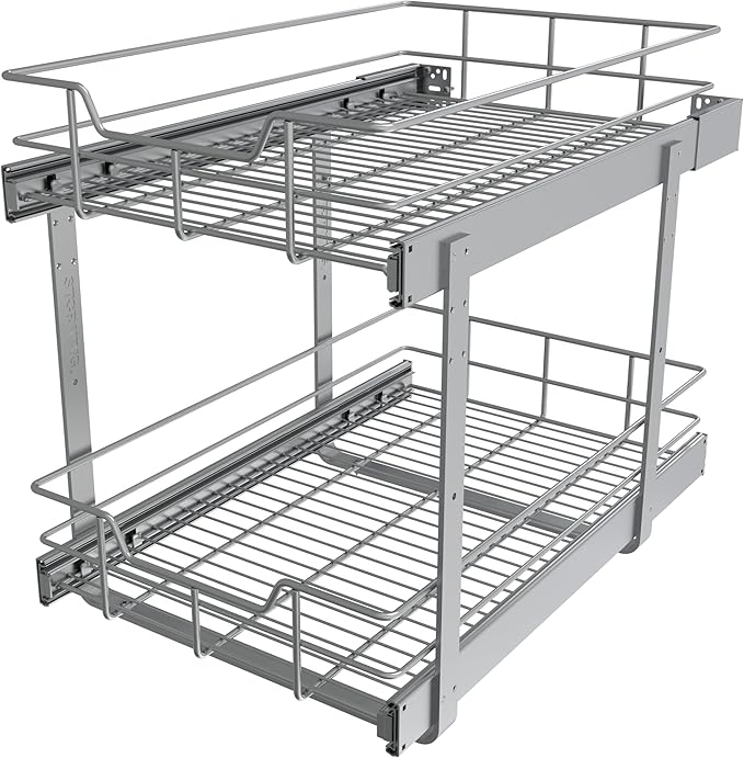 2 Tier Pull Out Cabinet Organizer 14" W X 22" D, Slide Out Drawers For Kitchen Cabinets, Pull Out Drawers For Cabinets Capacity Heavy Duty Caddy, Cabinet Pullout Shelves Chrome-Plated,Bathroom Pantry