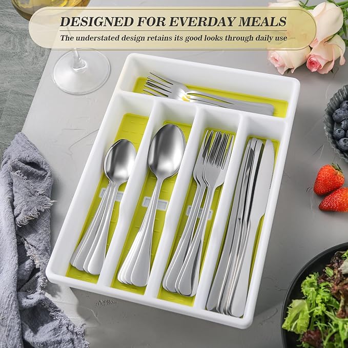 20-Piece Silverware Set with Organizer,Heavy Duty Stainless Steel Flatware Cutlery Tableware Set for 4,Includes 5-Compartment Silverware Tray with Cutlery Icons,First Apartment Kitchen Essentials