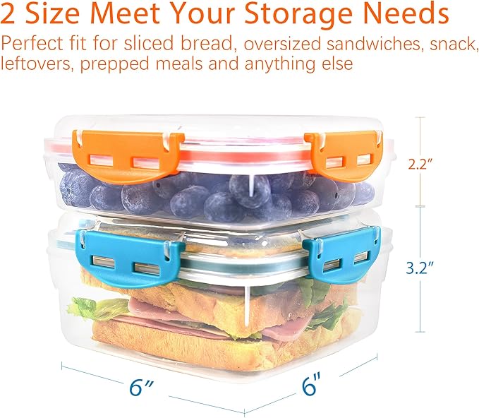 Sandwich Containers 4 Pcs - Reusable Airtight & BPA-Free Kitchen Storage Containers - Microwave & Dishwasher Safe 2 Heightened Lunch Box and 2 Normal Size