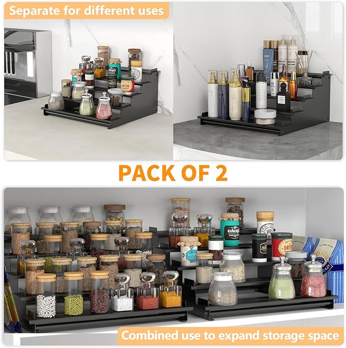 5 Tier Spice Rack for Cabinet, 2 Pack Spice Organizer, Metal Step Shelf Countertop Spice Rack for Inside Cabinets, Kitchen, Black