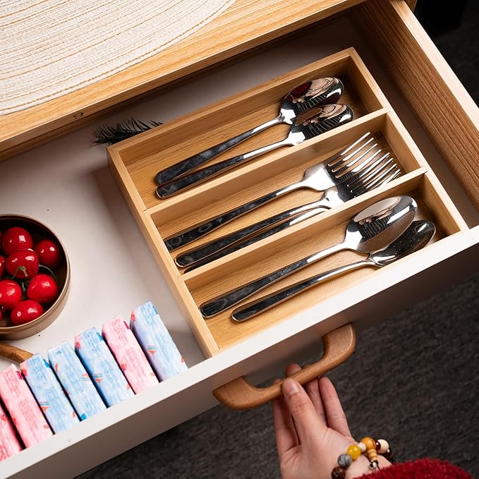 Silverware Organizer Bamboo Kitchen Drawer Organizer Kitchen Utensil Organizers, Flatware Organizer Tray for Flatware, Utensils(Natural)