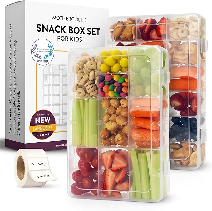 Large Kids Snack Box Containers Set of 2 -100 Labels, BPA-Free, Adjustable Compartments, Dishwasher Safe, Reusable Tray, Food Grade, Meal Prep Container, PARENT TESTED PARENT APPROVED AWARD (Clear)