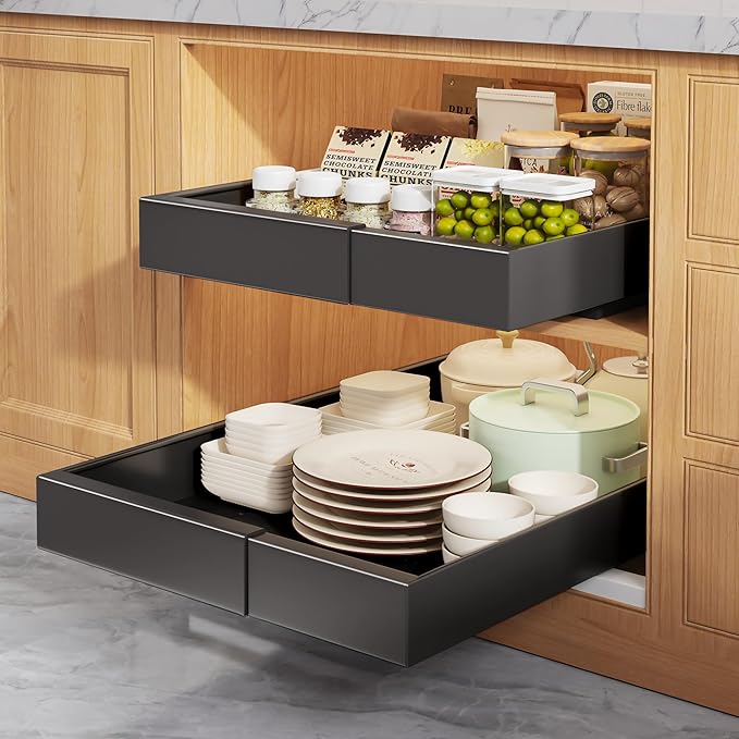 2 Pack Pull Out Cabinet Organizers 21" Deep With Raising Pad for Framed Cabinets,Expandable Slide Out Drawers Upgrade 3 Slide Rails,Roll Out Shelves Adhesive,Adjustable Width 9"-14" Black