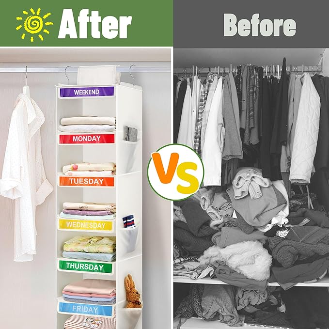 2 Pack 6-Shelf Weekly Clothes Organizer for Kids, Hanging Daily Closet Organization with 6 Side Pockets, Days of The Week Clothing Divider Storage for Boys and Girls (White)