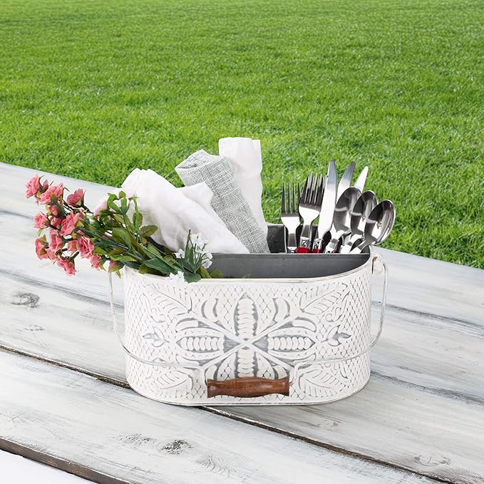 CRAFTSMAN ROAD Distressed White Metal Caddy – Farmhouse Galvanized Kitchen Organizer with Handle – Vintage Rustic Multi-Compartment Holder for Napkins, Plates, Cutlery, Flatware, Cleaning Supplies