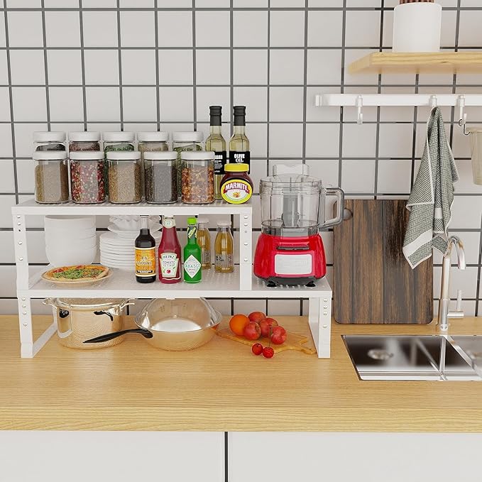 Expandable Cabinet Shelf Organizer Storage Spice Rack Shelves for Kitchen Stackable Adjustable Pantry Cupboard Bathroom Countertop Desktop(2Packs/White/Medium-with Hole)