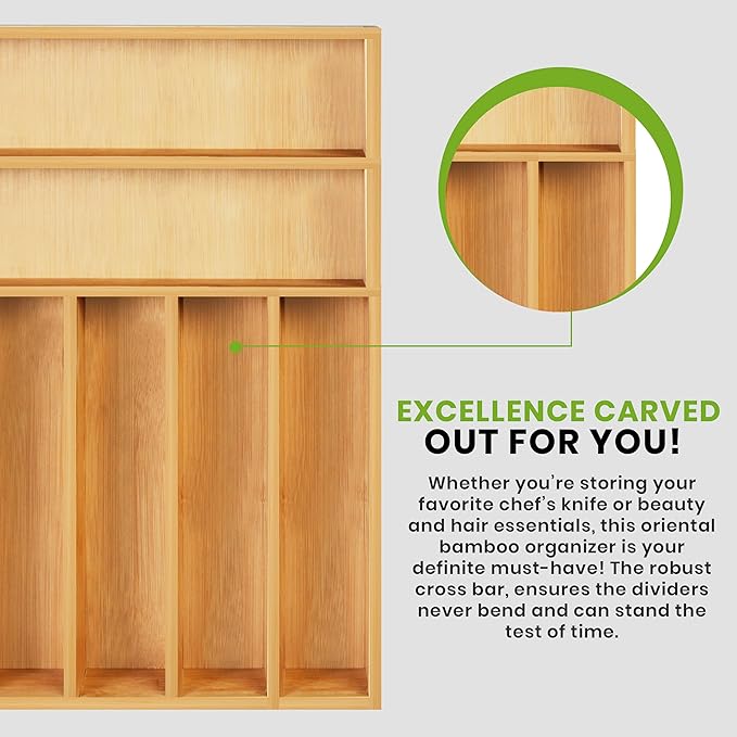 Utopia Kitchen Silverware Organizer, Bamboo Utensil Drawer Organizer for Cutlery, Utensils & Flatware (7 Compartment, Natural) Pack of 1