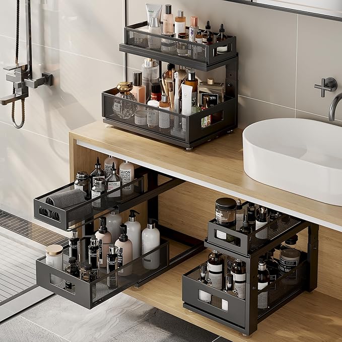 1 Pack 15.74IN-Depth Under Sink Organizer With Next-Gen Ball-Bearing Slides,2-Tier Pull Out Cabinet Storage,Height Adjustable Drawer Shelf for Bathroom,Kitchen,Laundry,Cabinet,Pantry-Black