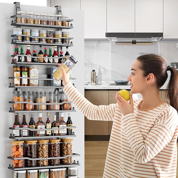 Over The Door Pantry Organizer, 9-Tier Over The Door Organizer with Adjustable Baskets, Metal Hanging Spice Rack for Pantry Organizers and Storage, Suitable for Kitchen Laundry Room & Bathroom, Black