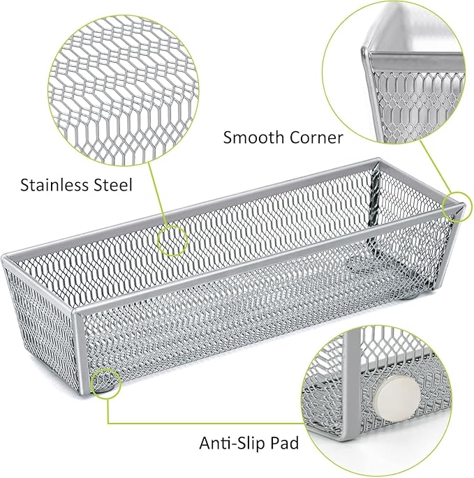 Drawer Organizer Set 5 Pack - 4-Compartment Silverware Organizer Tray + 4 Utensil Trays, Kitchen Drawer Organizer for Flatware, Cutlery, Office Supplies, Silver Mesh, Non-Slip