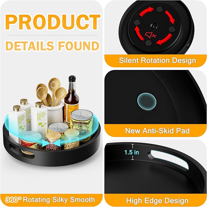 Lazy Susan Organizer Homerays 12 Inch Non-Skid Bamboo Lazy Susan for Kitchen Rotating Spice Rack with Handles, Wood Turntable for Kitchen Cabinet,Countertop (Black, Medium)
