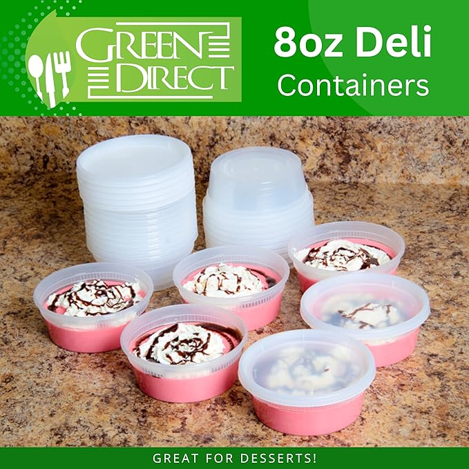 Green Direct 8 oz. Disposable Clear Deli Containers with Lids 50 Pack - Leakproof Lunch Plastic Round Freezer Food Storage Containers for Food