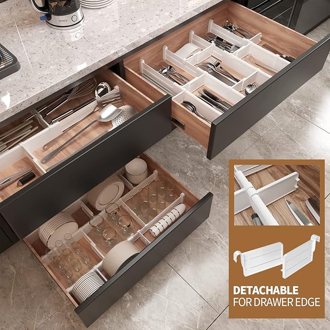 HiYZ Expandable Drawer Dividers with Inserts, Large Kitchen Utensils Drawers Divider, 2.36" High Adjustable Drawer Organizers Separators for Clothing,Kitchen Utensils,Tools,12 Dividers with 24 Inserts