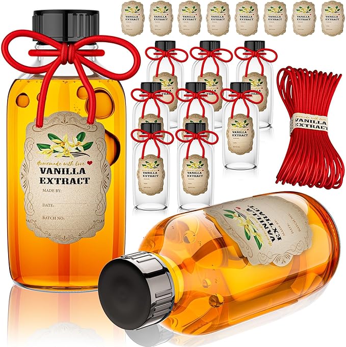 2 oz Clear Glass Bottle Boston Round Bottles with Caps Homemade Vanilla Extract Bottles and 8 Pcs Vanilla Extract Stickers for Syrup Gift Glass Food Storage Canister Set Sauce Beans (8 Packs)