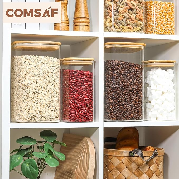 ComSaf 1.2 Gallon Wide Mouth Flour Sugar Storage Containers 2 Pcs, 148 oz Glass Storage Containers with Lids, Large Pantry Glass Jar with Lid, Big Jars for Rice, Flour, Sugar, Cereal, Cookie, Coffee