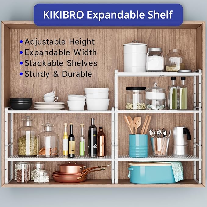 Cabinet Shelf Expandable Width for Pantry RV Desk Home Organization, White 2 Pack