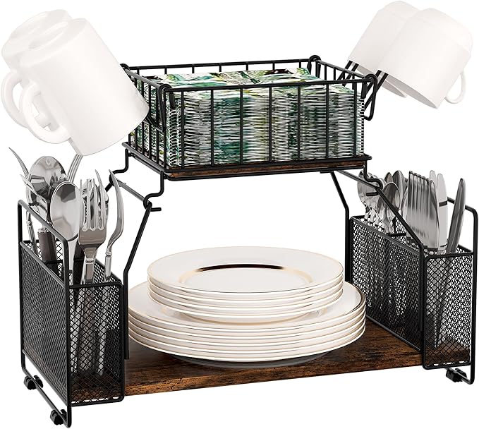 TQVAI Paper Plate Organizer, 2-Tier Countertop Silverware Utensils Napkin Holder for Party, Outdoor Buffet Picnic Caddy Camping Essentials Holder for Plates and Utensils, Black/Antique