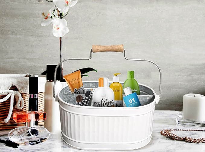 CLEENTABLE 4-Compartment Rustic Farmhouse Utensil Caddy with Removable Handle – Powder-Coated Steel Kitchen Organizer for Parties, Tailgates & Home (12" x 7.5" x 5.5", Snowy White/Grey)