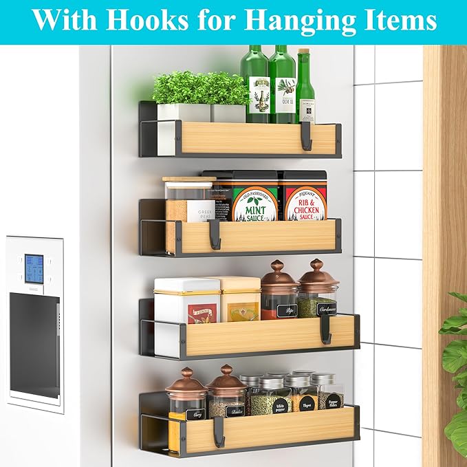4 Pack Magnetic Spice Storage Rack Organizer for Refrigerator and Oven, Wood Fridge Organizers and Storage