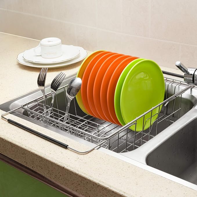 Slideep Stainless Steel Cutlery Utensil Holder Silverware Organizer with Hooks removable Drying Rack Silverware Holder Utensil Cutlery Basket Kitchen Dish Drainer Dish Drying Rack