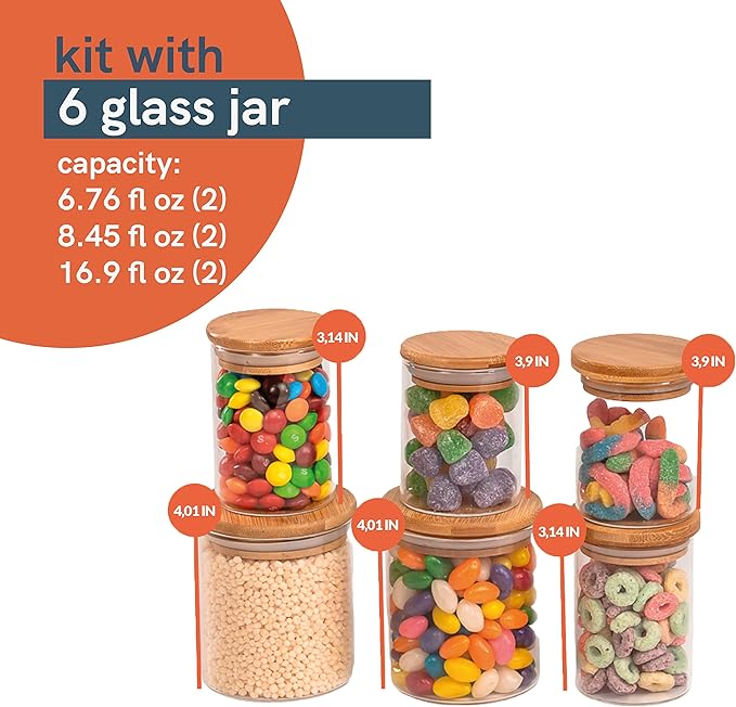 | Hermetic Glass Storage Jars with Bamboo Lid | Multipurpose Jars, Candy Jars, Dry Food Canisters, Airtight, Variety Set, Kitchen Glass For Coffee, Flour, Sugar, Cookie, Spice | 6 Pieces, 32 OZ